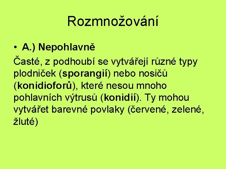 Rozmnožování • A. ) Nepohlavně Časté, z podhoubí se vytvářejí různé typy plodniček (sporangií)