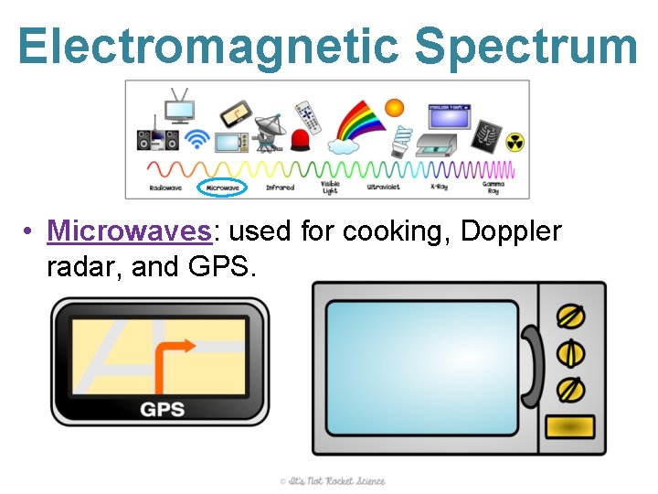 Electromagnetic Spectrum • Microwaves: used for cooking, Doppler radar, and GPS. 