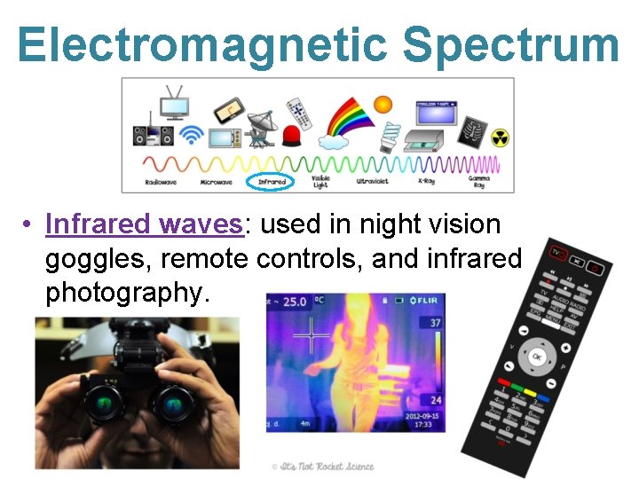 Electromagnetic Spectrum • Infrared waves: used in night vision goggles, remote controls, and infrared