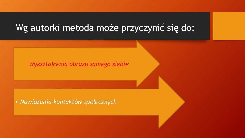 Wg autorki metoda może przyczynić się do: Wykształcenia obrazu samego siebie • Nawiązania kontaktów