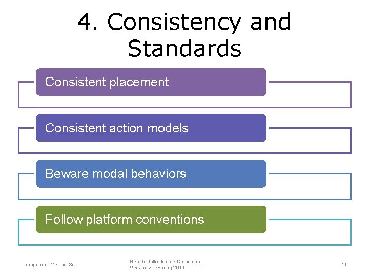 4. Consistency and Standards Consistent placement Consistent action models Beware modal behaviors Follow platform