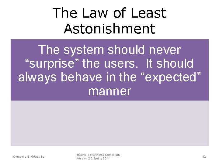 The Law of Least Astonishment The system should never “surprise” the users. It should