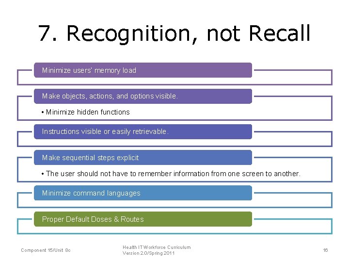 7. Recognition, not Recall Minimize users’ memory load Make objects, actions, and options visible.