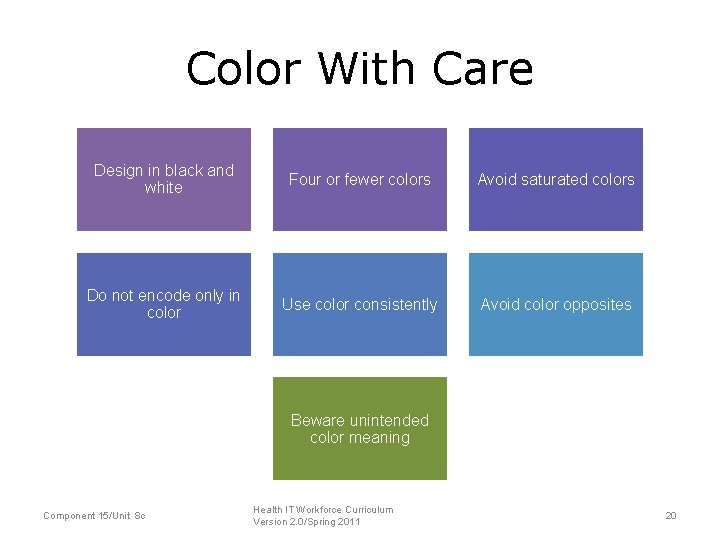 Color With Care Design in black and white Four or fewer colors Avoid saturated