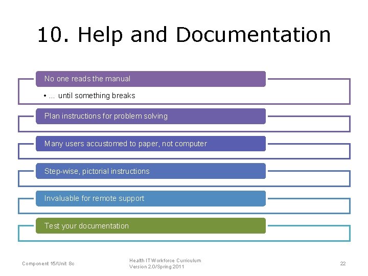 10. Help and Documentation No one reads the manual • … until something breaks