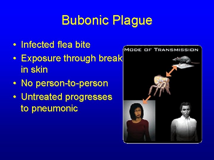 Bubonic Plague • Infected flea bite • Exposure through break in skin • No