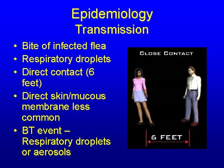 Epidemiology Transmission • • • Bite of infected flea Respiratory droplets Direct contact (6