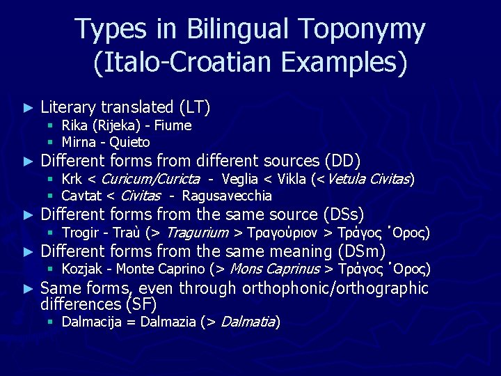 Types in Bilingual Toponymy (Italo-Croatian Examples) ► Literary translated (LT) ► Different forms from