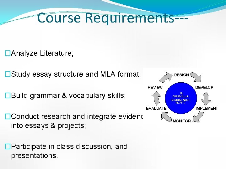 Course Requirements--�Analyze Literature; �Study essay structure and MLA format; �Build grammar & vocabulary skills;