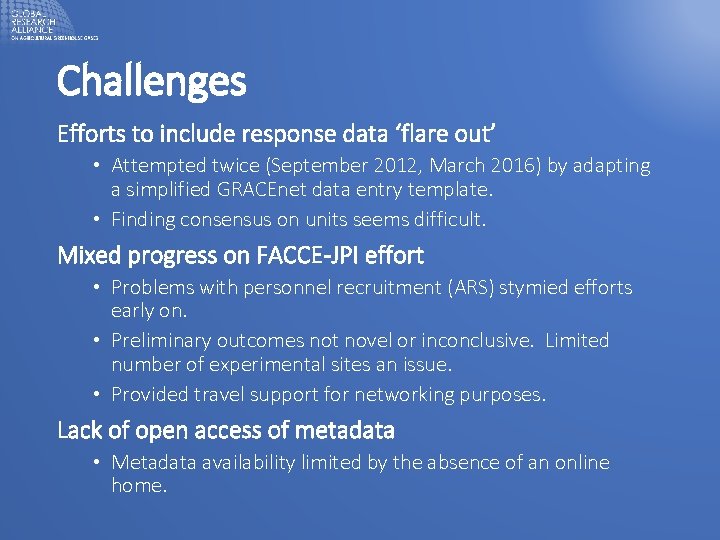 Challenges Efforts to include response data ‘flare out’ • Attempted twice (September 2012, March Challenges Efforts to include response data ‘flare out’ • Attempted twice (September 2012, March