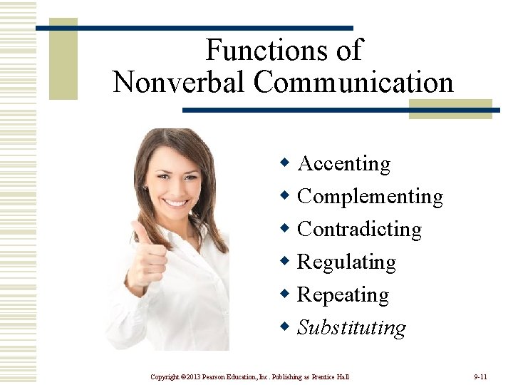 Functions of Nonverbal Communication w Accenting w Complementing w Contradicting w Regulating w Repeating