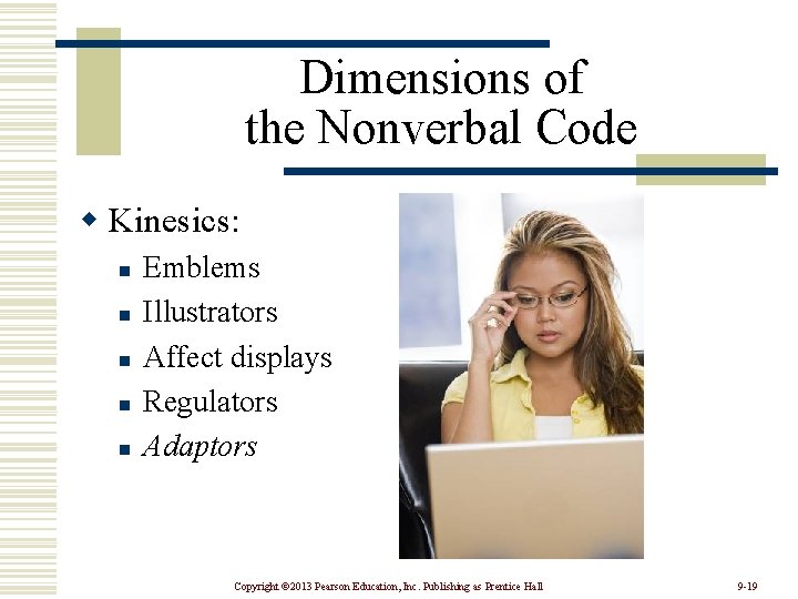 Dimensions of the Nonverbal Code w Kinesics: n n n Emblems Illustrators Affect displays