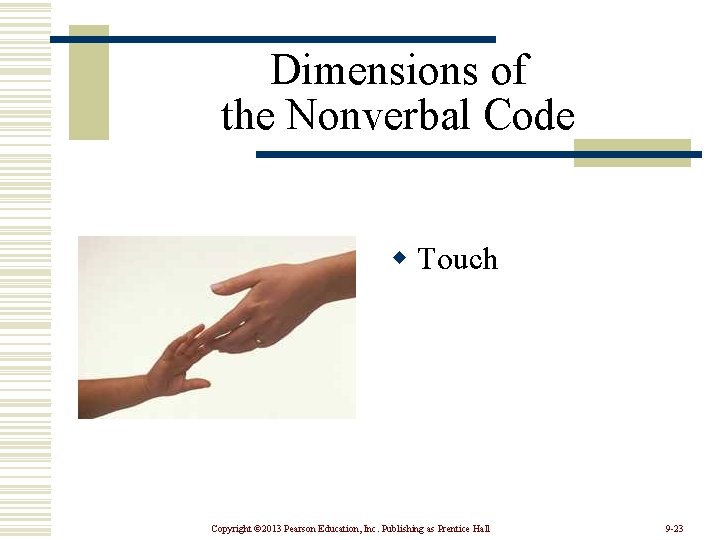 Dimensions of the Nonverbal Code w Touch Copyright © 2013 Pearson Education, Inc. Publishing