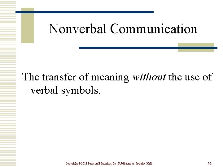 Nonverbal Communication The transfer of meaning without the use of verbal symbols. Copyright ©