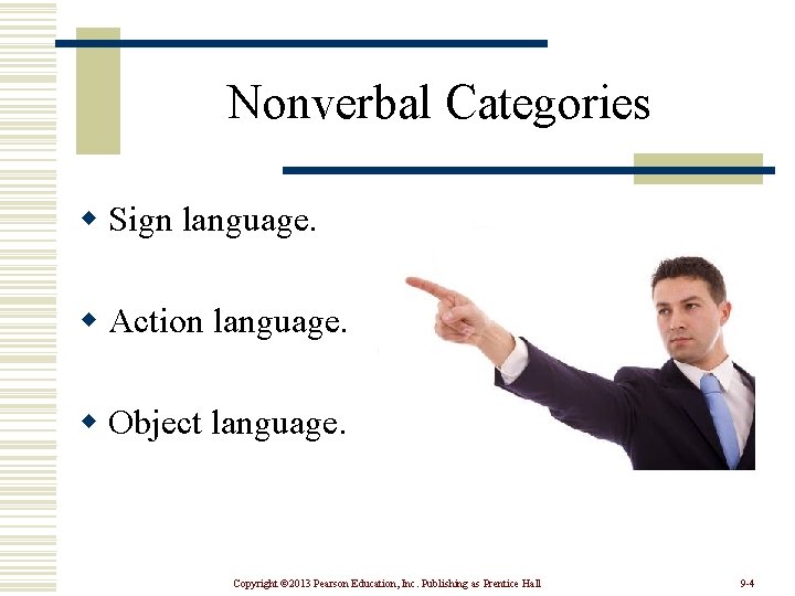 Nonverbal Categories w Sign language. w Action language. w Object language. Copyright © 2013