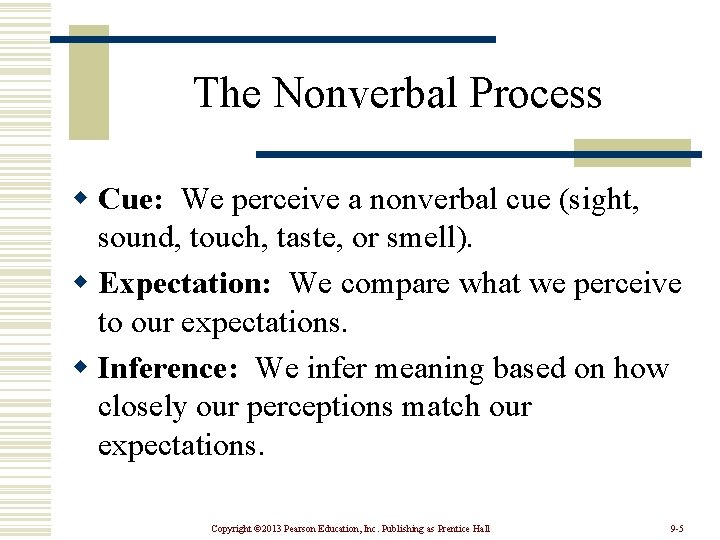 The Nonverbal Process w Cue: We perceive a nonverbal cue (sight, sound, touch, taste,