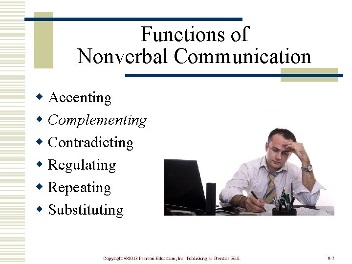 Functions of Nonverbal Communication w Accenting w Complementing w Contradicting w Regulating w Repeating