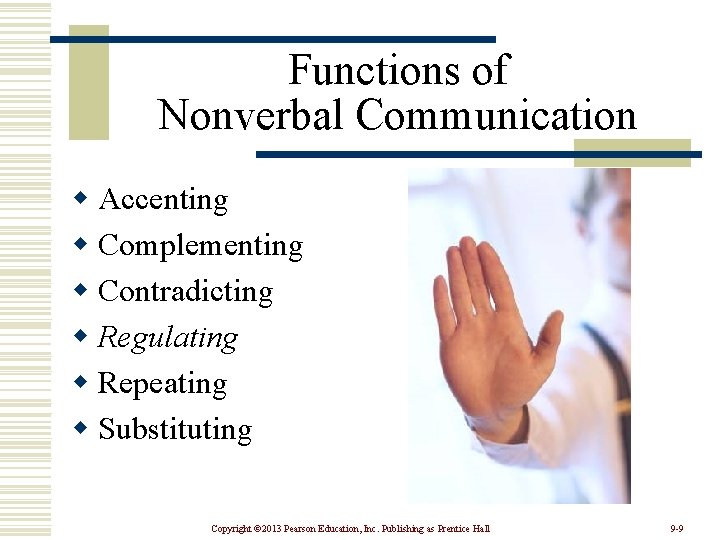 Functions of Nonverbal Communication w Accenting w Complementing w Contradicting w Regulating w Repeating