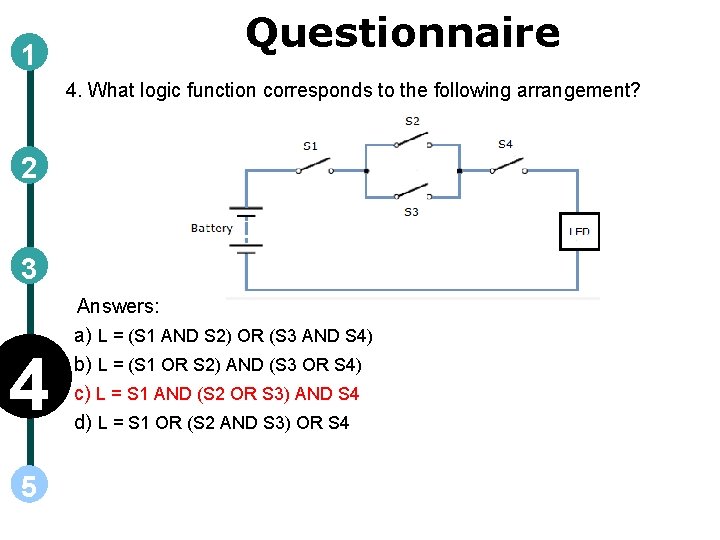 1 Questionnaire 4. What logic function corresponds to the following arrangement? 2 3 4
