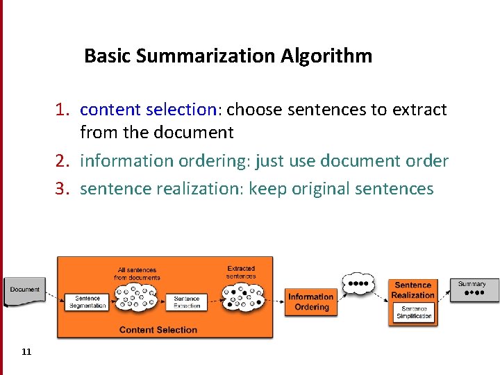 Basic Summarization Algorithm 1. content selection: choose sentences to extract from the document 2. Basic Summarization Algorithm 1. content selection: choose sentences to extract from the document 2.