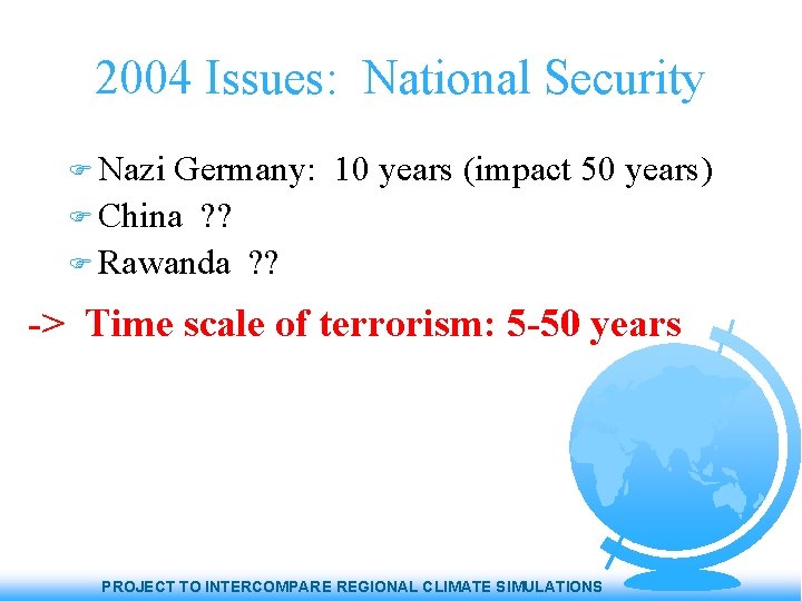 2004 Issues: National Security Nazi Germany: 10 years (impact 50 years) China ? ?