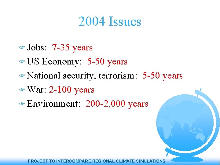 2004 Issues Jobs: 7 -35 years US Economy: 5 -50 years National security, terrorism: