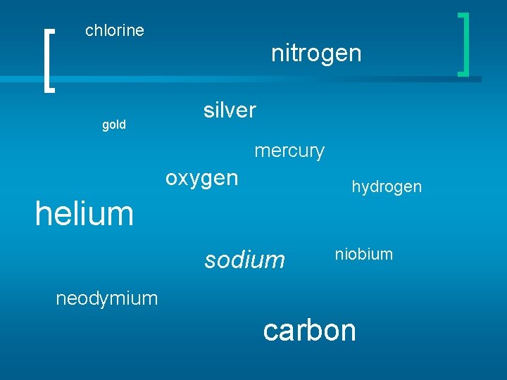 chlorine gold nitrogen silver mercury oxygen hydrogen helium sodium niobium neodymium carbon 