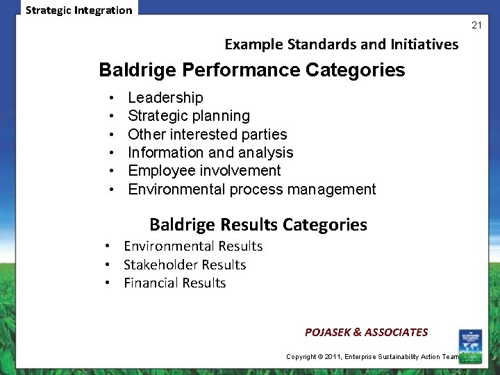Strategic Integration 21 Example Standards and Initiatives Baldrige Performance Categories • • • Leadership
