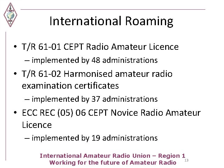 International Roaming • T/R 61 -01 CEPT Radio Amateur Licence – implemented by 48