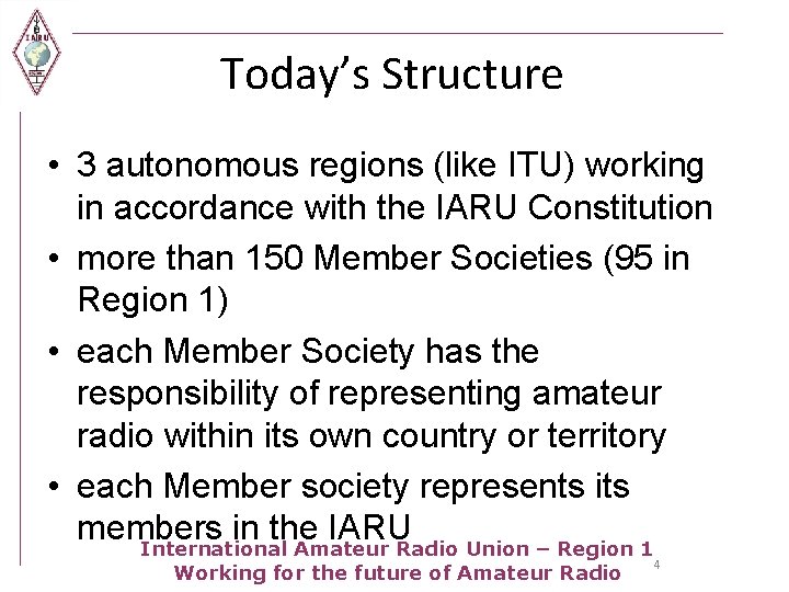 Today’s Structure • 3 autonomous regions (like ITU) working in accordance with the IARU