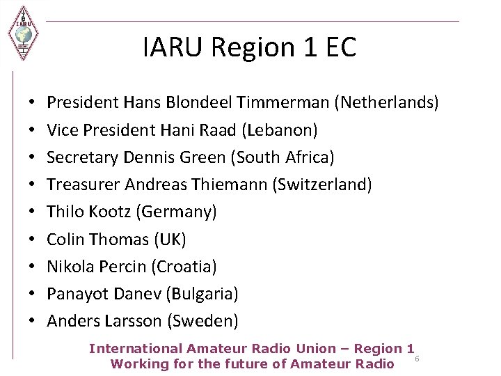 IARU Region 1 EC • • • President Hans Blondeel Timmerman (Netherlands) Vice President
