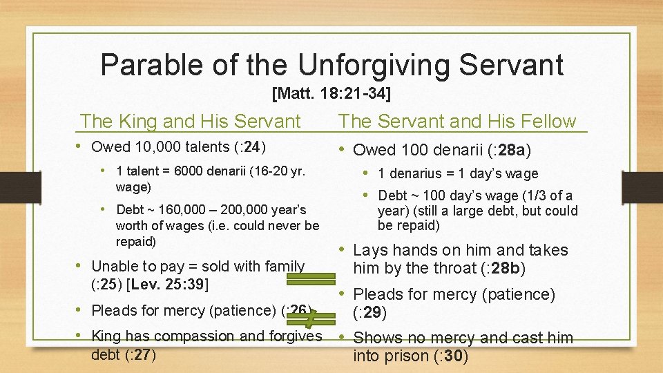 Parable of the Unforgiving Servant [Matt. 18: 21 -34] The King and His Servant