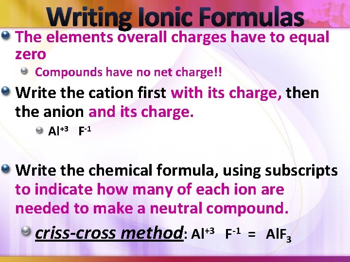 Writing Ionic Formulas The elements overall charges have to equal zero Compounds have no