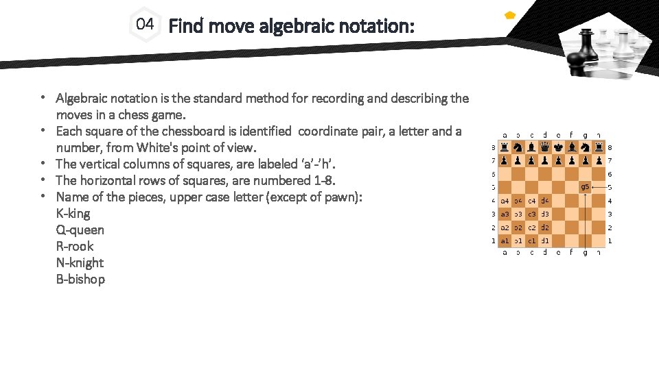 04 Find move algebraic notation: • Algebraic notation is the standard method for recording 04 Find move algebraic notation: • Algebraic notation is the standard method for recording