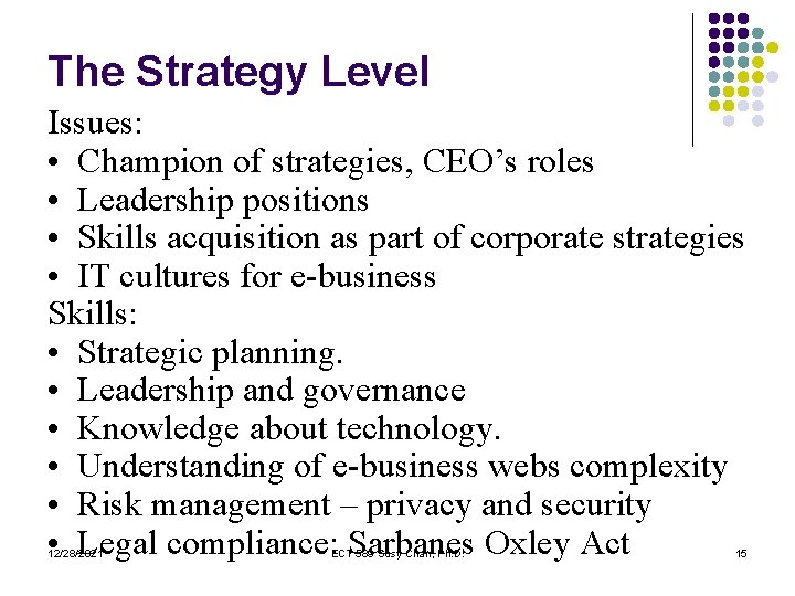 The Strategy Level Issues: • Champion of strategies, CEO’s roles • Leadership positions •