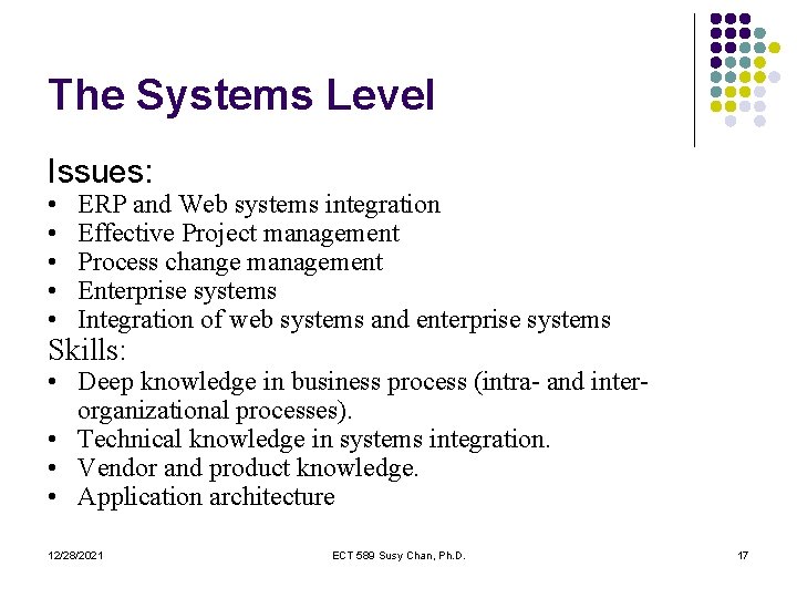 The Systems Level Issues: • • • ERP and Web systems integration Effective Project