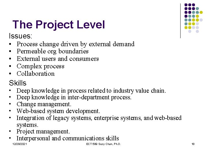 The Project Level Issues: • • • Process change driven by external demand Permeable