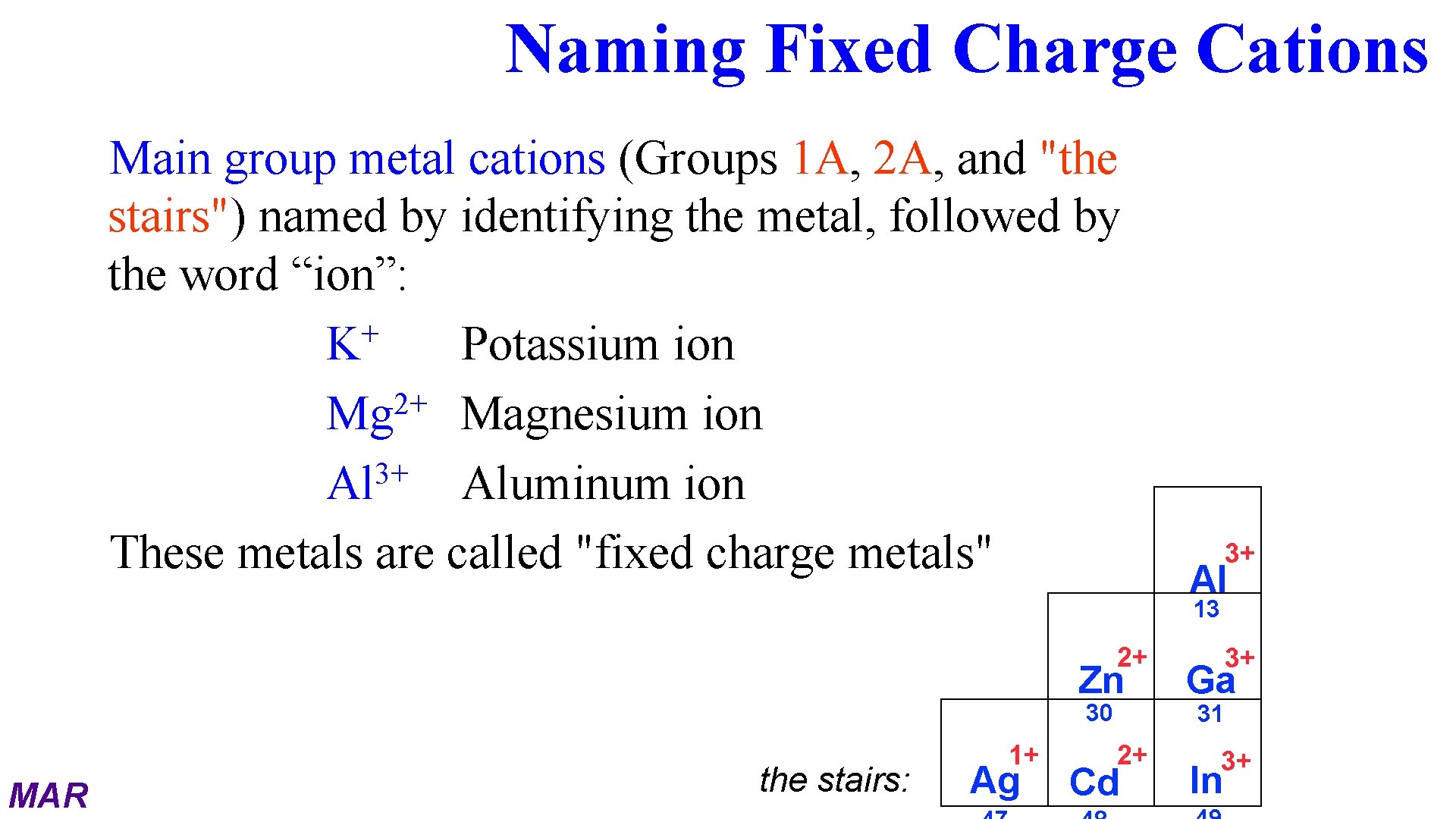 Naming Fixed Charge Cations Main group metal cations (Groups 1 A, 2 A, and