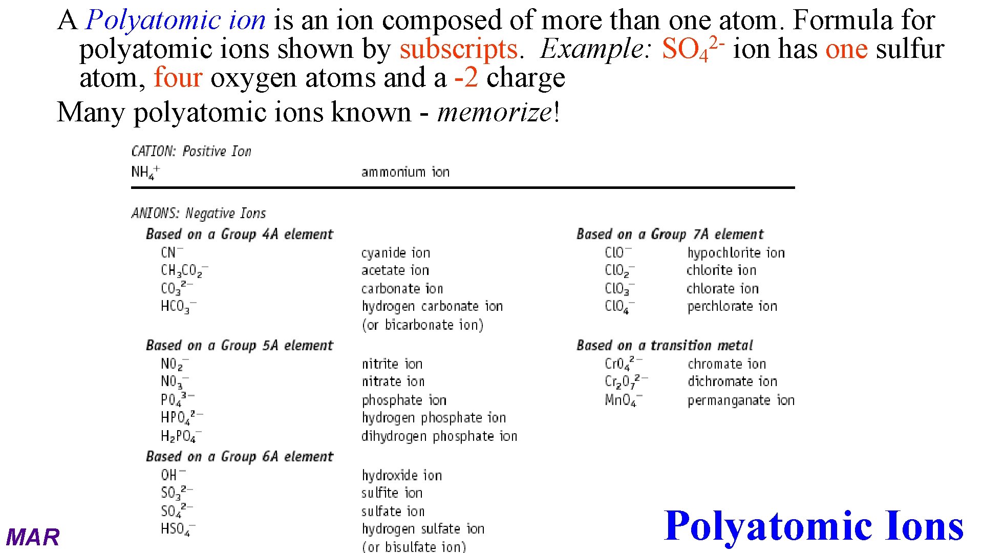 A Polyatomic ion is an ion composed of more than one atom. Formula for