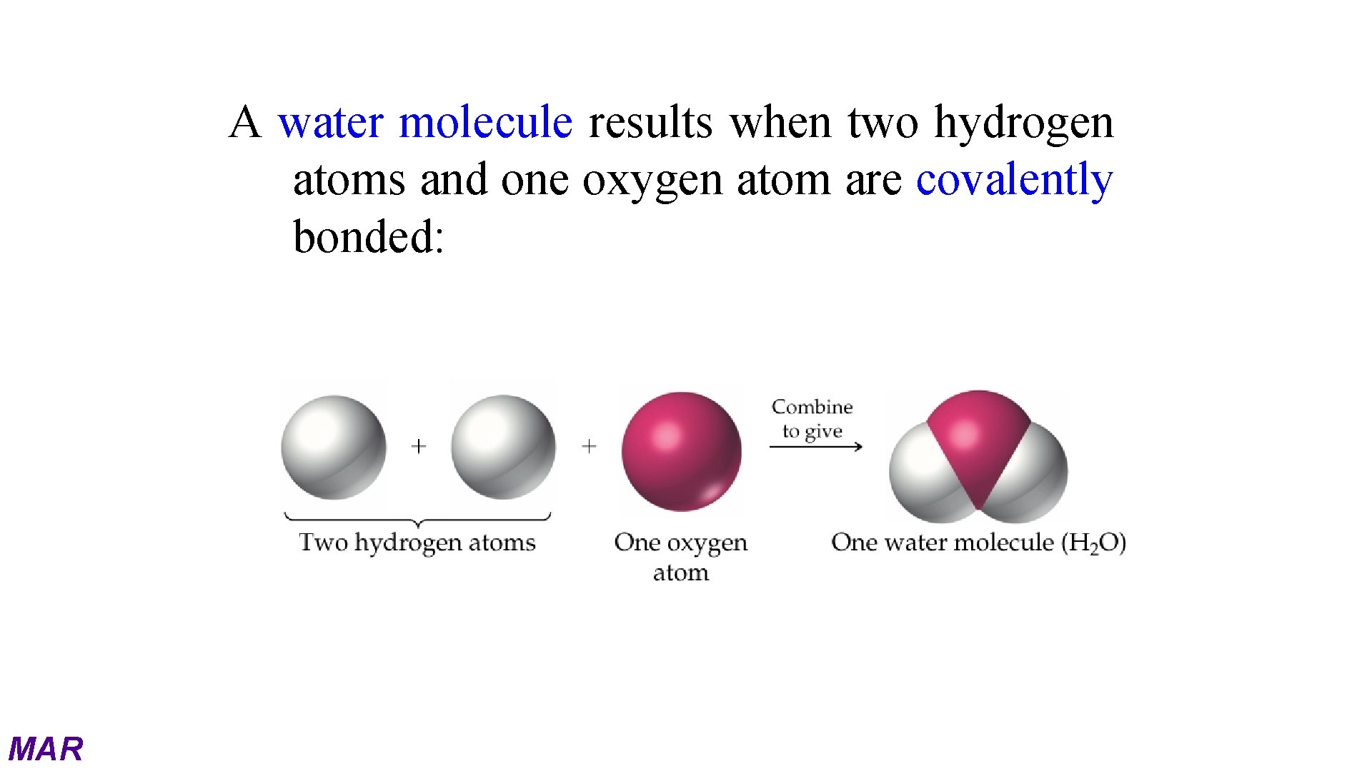 A water molecule results when two hydrogen atoms and one oxygen atom are covalently