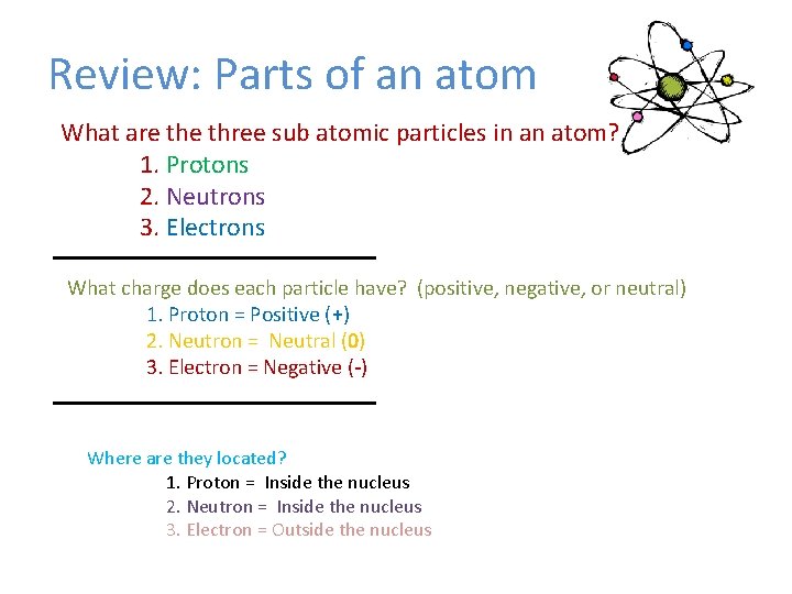 Review: Parts of an atom What are three sub atomic particles in an atom?