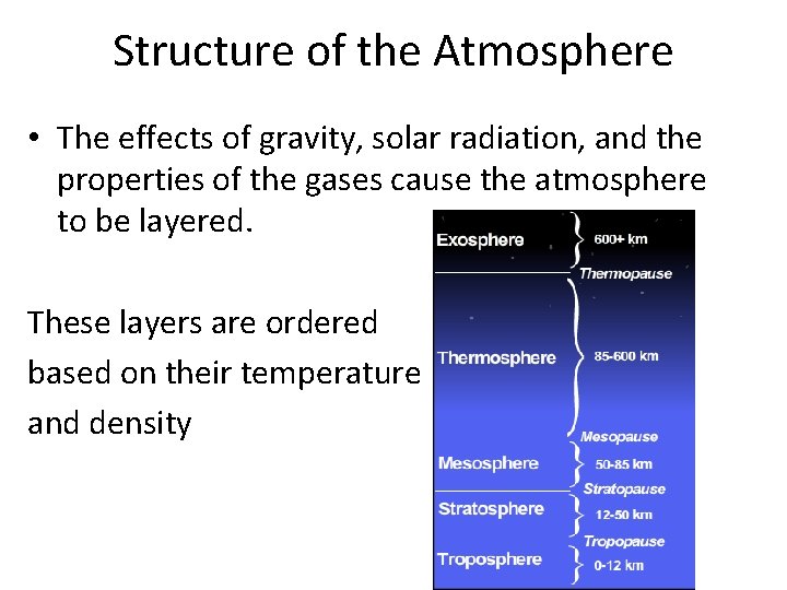 Structure of the Atmosphere • The effects of gravity, solar radiation, and the properties