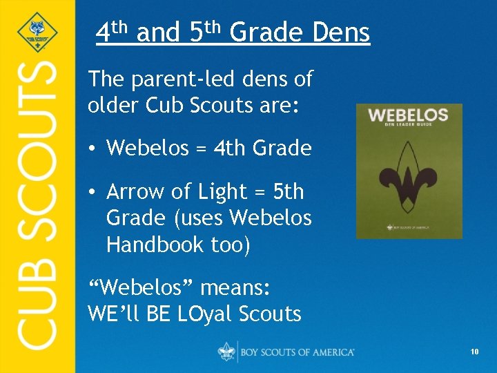 4 th and 5 th Grade Dens The parent-led dens of older Cub Scouts