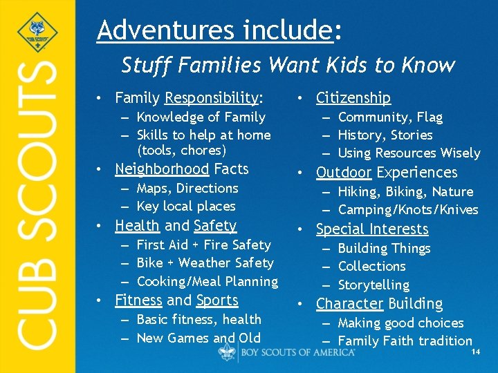 Adventures include: Stuff Families Want Kids to Know • Family Responsibility: – Knowledge of