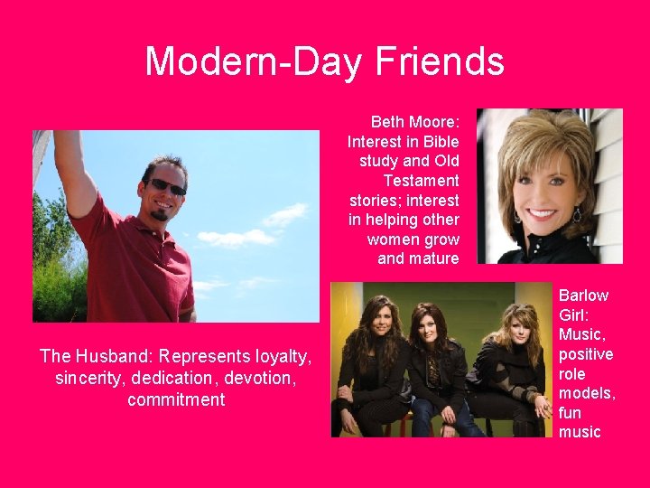 Modern-Day Friends Beth Moore: Interest in Bible study and Old Testament stories; interest in