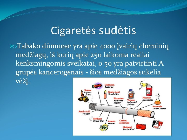 Cigaretės sudėtis Tabako dūmuose yra apie 4000 įvairių cheminių medžiagų, iš kurių apie 250