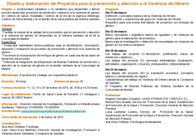 Diseño y elaboración de Proyectos para la prevención y atención a la Violencia de