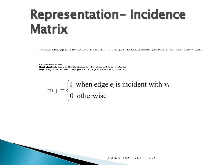 Representation- Incidence Matrix G = (V, E) be an unditected graph. Suppose that v