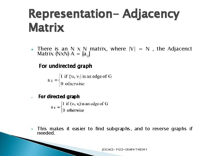 Representation- Adjacency Matrix There is an N x N matrix, where |V| = N