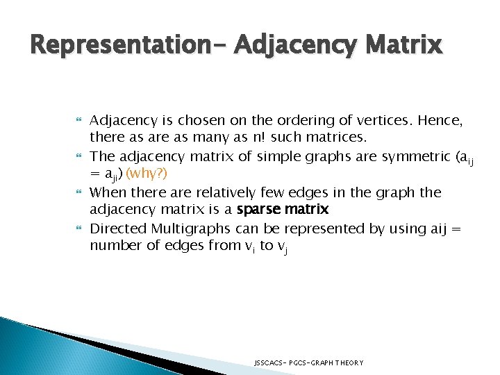 Representation- Adjacency Matrix Adjacency is chosen on the ordering of vertices. Hence, there as